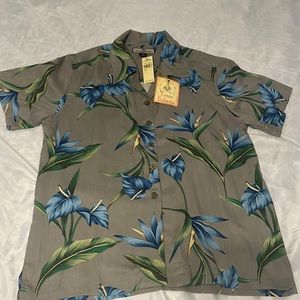 Tommy Bahama greenish/gray button up bird of paradise 100% silk shirt XXL.